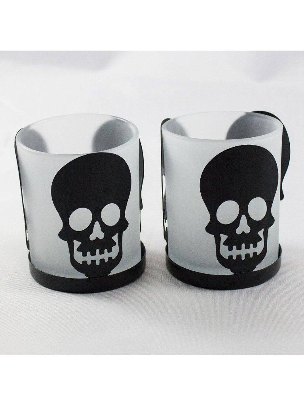 Eli Black Metal & Frosted Glass Skull Votive Candle Holder Set Halloween 3" Tall